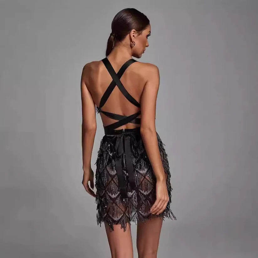 Women’s Sleeveless Mini Dress with Sequin Pattern and Fringe Hem