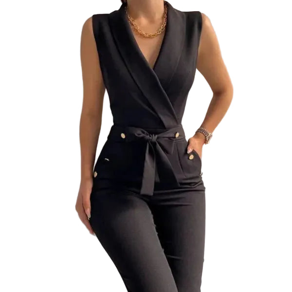 Women’s Sleeveless Wrap V-Neck Jumpsuit with Tie Waist
