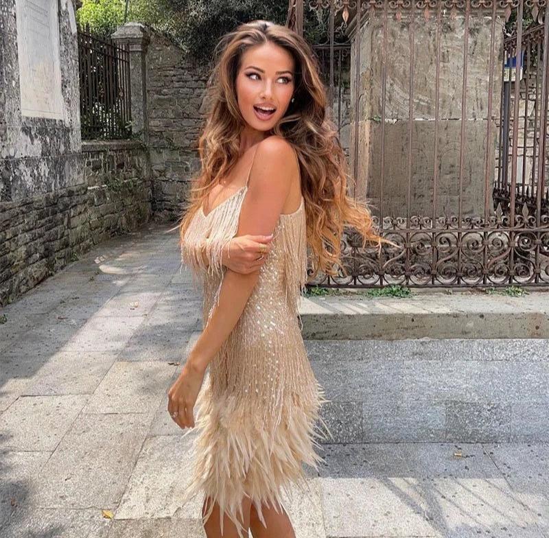 Women’s Spaghetti Strap Mini Dress with Fringe Detail and Feather Hem