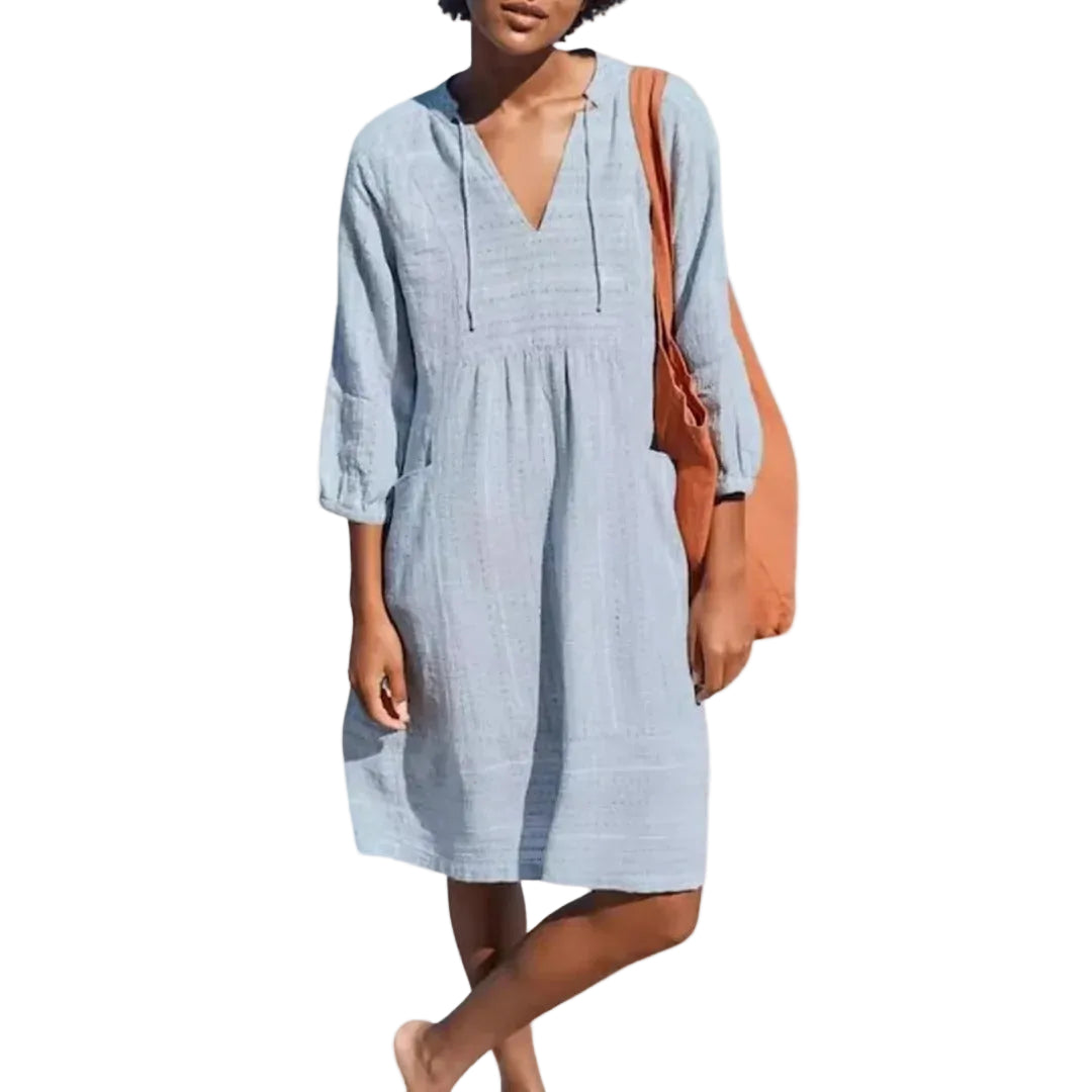 Women’s V-Neck Midi Dress with 3/4 Sleeves and Gathered Waist