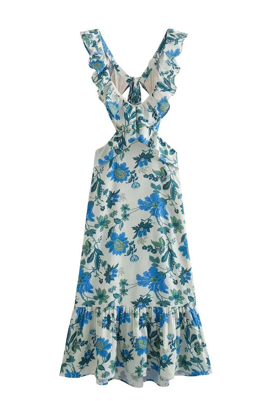 Women’s V-Neck Maxi Dress with Layered Ruffle Detail and Flared Hem