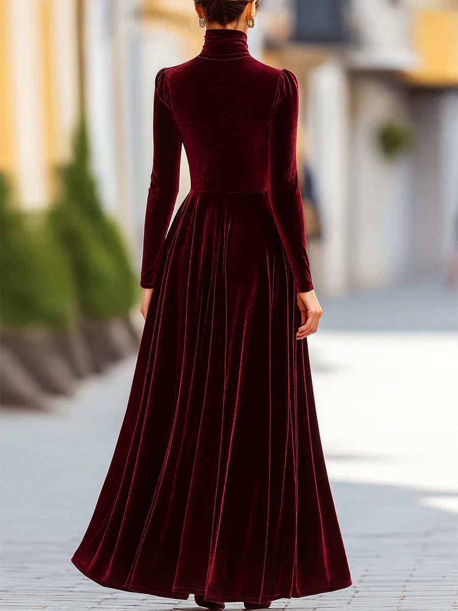 Women’s Velvet Turtleneck Long Sleeve A-Line Maxi Dress