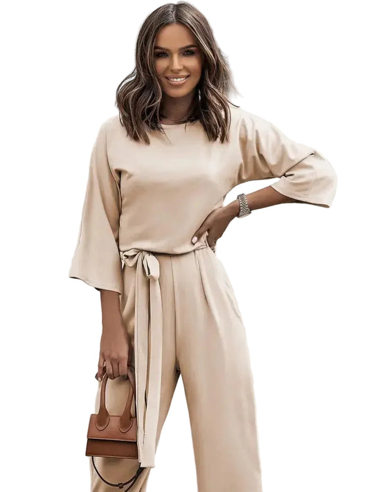 Women’s 3/4 Sleeves Wide Leg Jumpsuit with Waist Tie