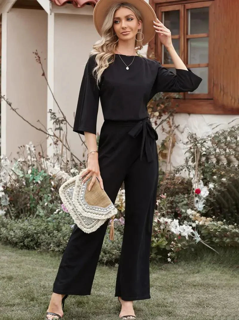 Women’s 3/4 Sleeves Wide Leg Jumpsuit with Waist Tie