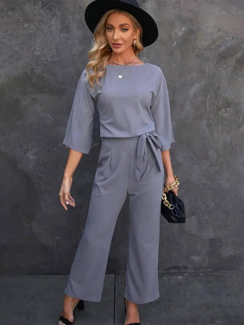 Women’s 3/4 Sleeves Wide Leg Jumpsuit with Waist Tie