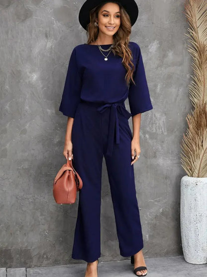 Women’s 3/4 Sleeves Wide Leg Jumpsuit with Waist Tie