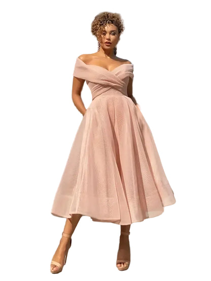 Women’s A-Line Midi Dress with Off-Shoulder Neckline and Pleated Skirt