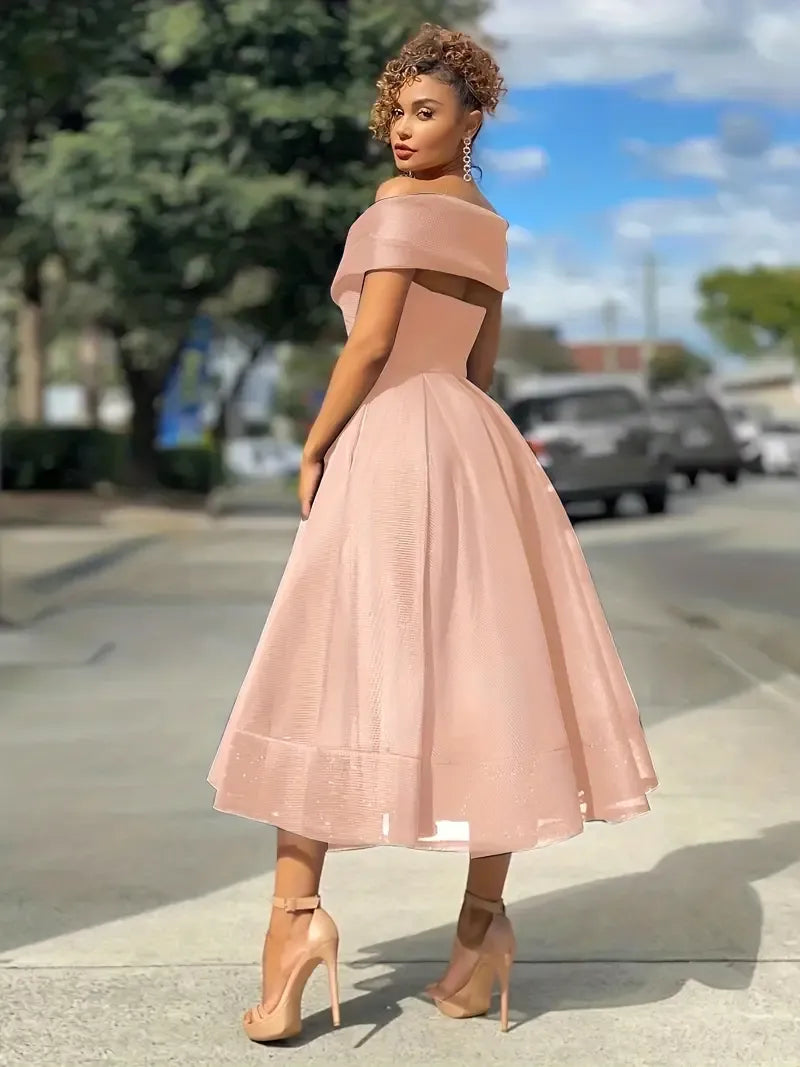 Women’s A-Line Midi Dress with Off-Shoulder Neckline and Pleated Skirt