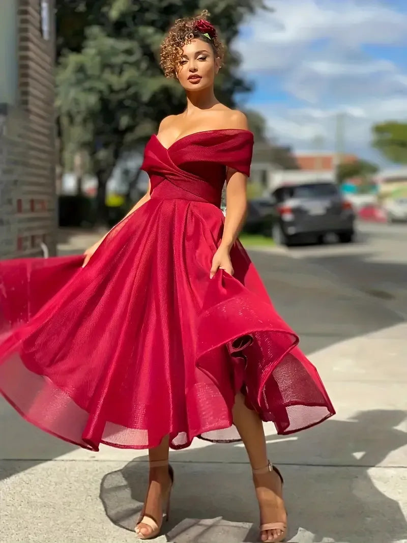 Women’s A-Line Midi Dress with Off-Shoulder Neckline and Pleated Skirt