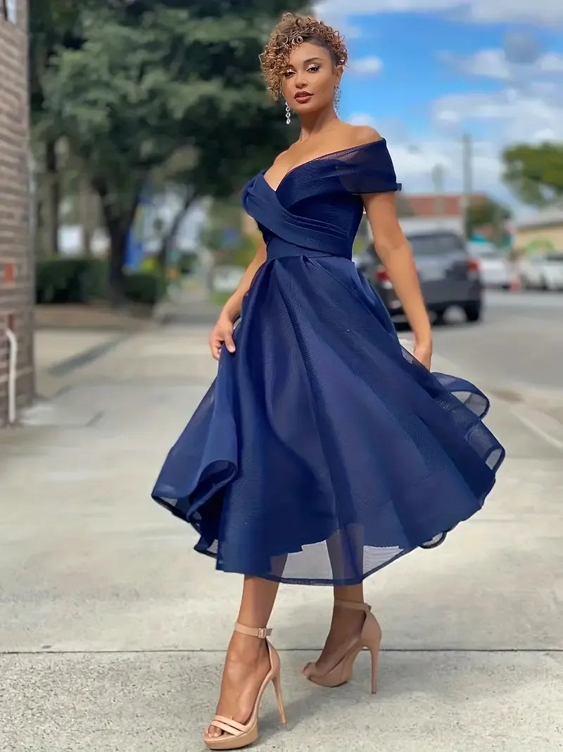 Women’s A-Line Midi Dress with Off-Shoulder Neckline and Pleated Skirt