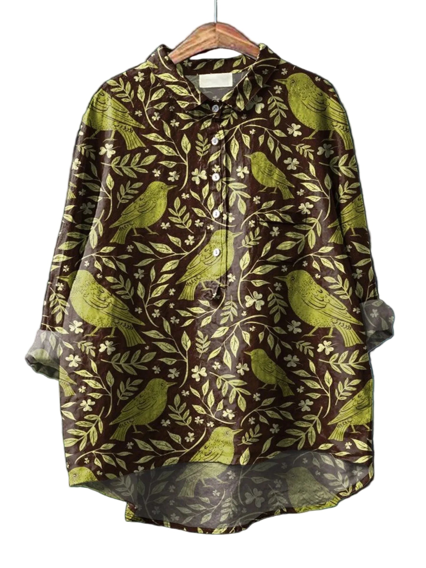 Women’s Button Up Blouse with Bird and Leaf Print