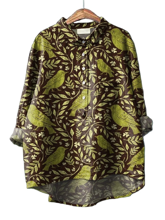 Women’s Button Up Blouse with Bird and Leaf Print