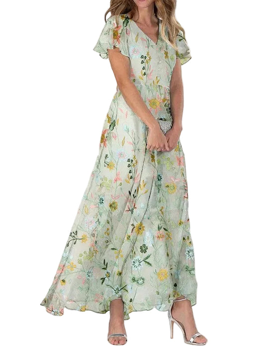 Women’s Floral Print Maxi Dress with V-Neckline and Short Sleeves