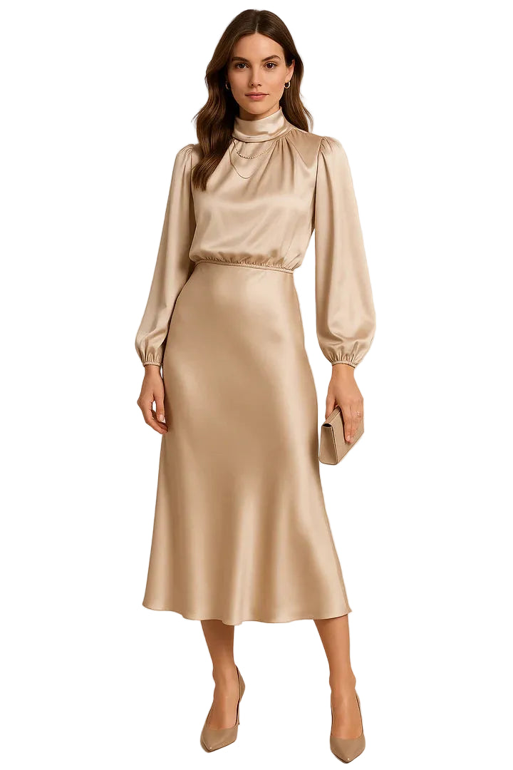 Women’s High Neck Midi Dress with Long Sleeves