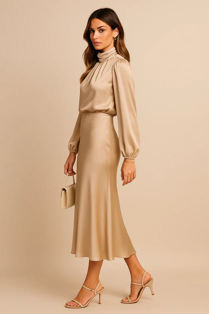 Women’s High Neck Midi Dress with Long Sleeves