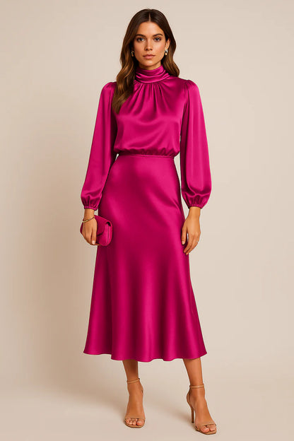 Women’s High Neck Midi Dress with Long Sleeves