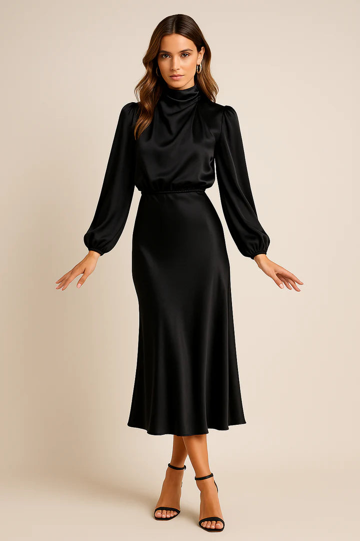 Women’s High Neck Midi Dress with Long Sleeves