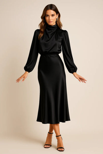 Women’s High Neck Midi Dress with Long Sleeves