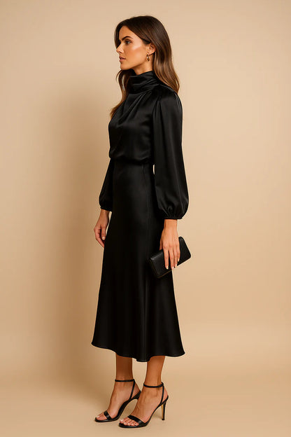 Women’s High Neck Midi Dress with Long Sleeves