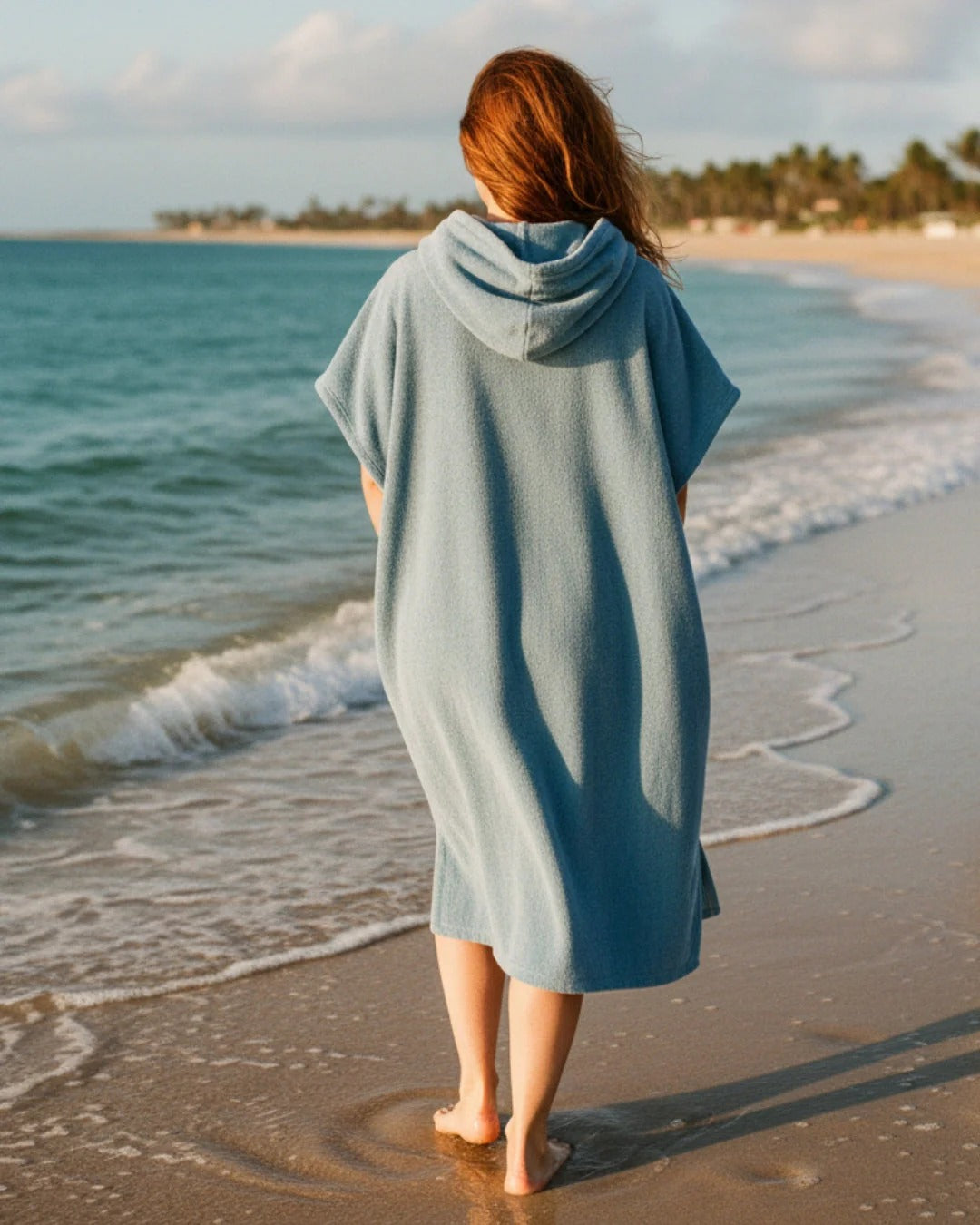 Women’s Hooded Poncho Midi Dress with Short Sleeves and Front Pocket