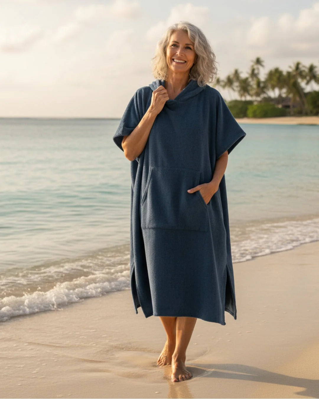Women’s Hooded Poncho Midi Dress with Short Sleeves and Front Pocket