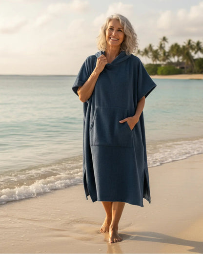 Women’s Hooded Poncho Midi Dress with Short Sleeves and Front Pocket