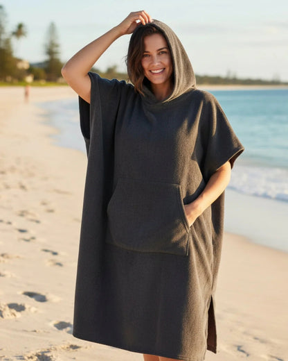 Women’s Hooded Poncho Midi Dress with Short Sleeves and Front Pocket