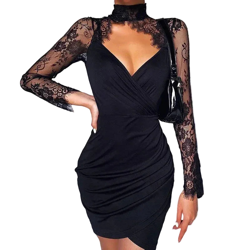 Women’s Lace Long Sleeve Bodycon Mini Dress with High Neck