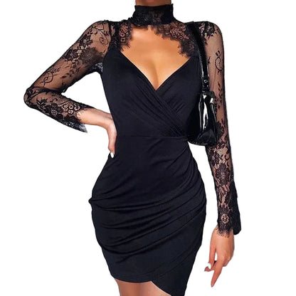 Women’s Lace Long Sleeve Bodycon Mini Dress with High Neck
