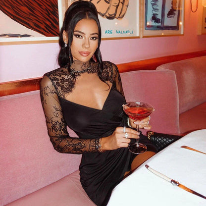 Women’s Lace Long Sleeve Bodycon Mini Dress with High Neck