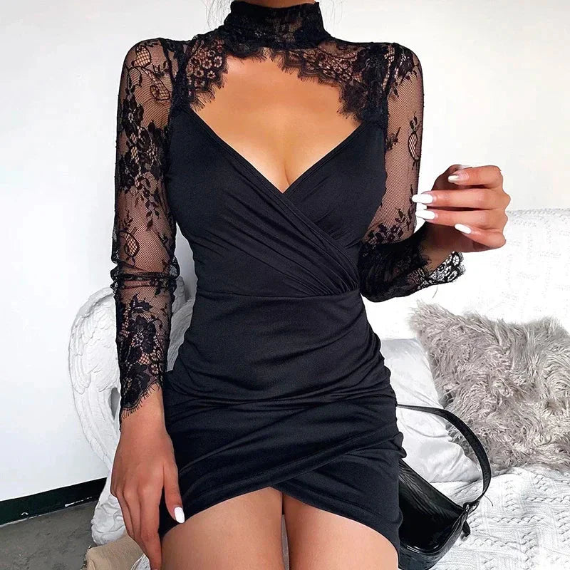 Women’s Lace Long Sleeve Bodycon Mini Dress with High Neck