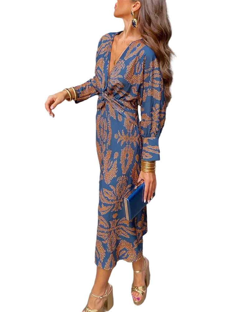 Women’s Long Sleeve A-Line Maxi Dress with V-Neck and Printed Design