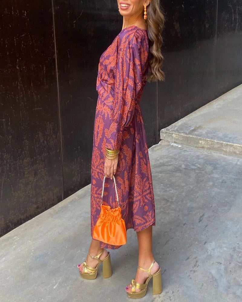 Women’s Long Sleeve A-Line Maxi Dress with V-Neck and Printed Design