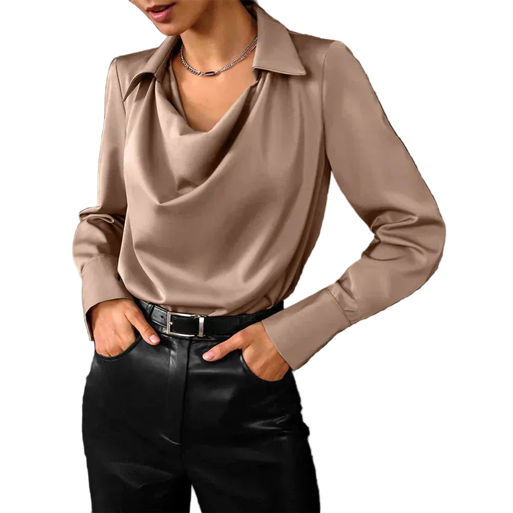 Women’s Long Sleeve Blouse with Cowl Neck and Draped Front