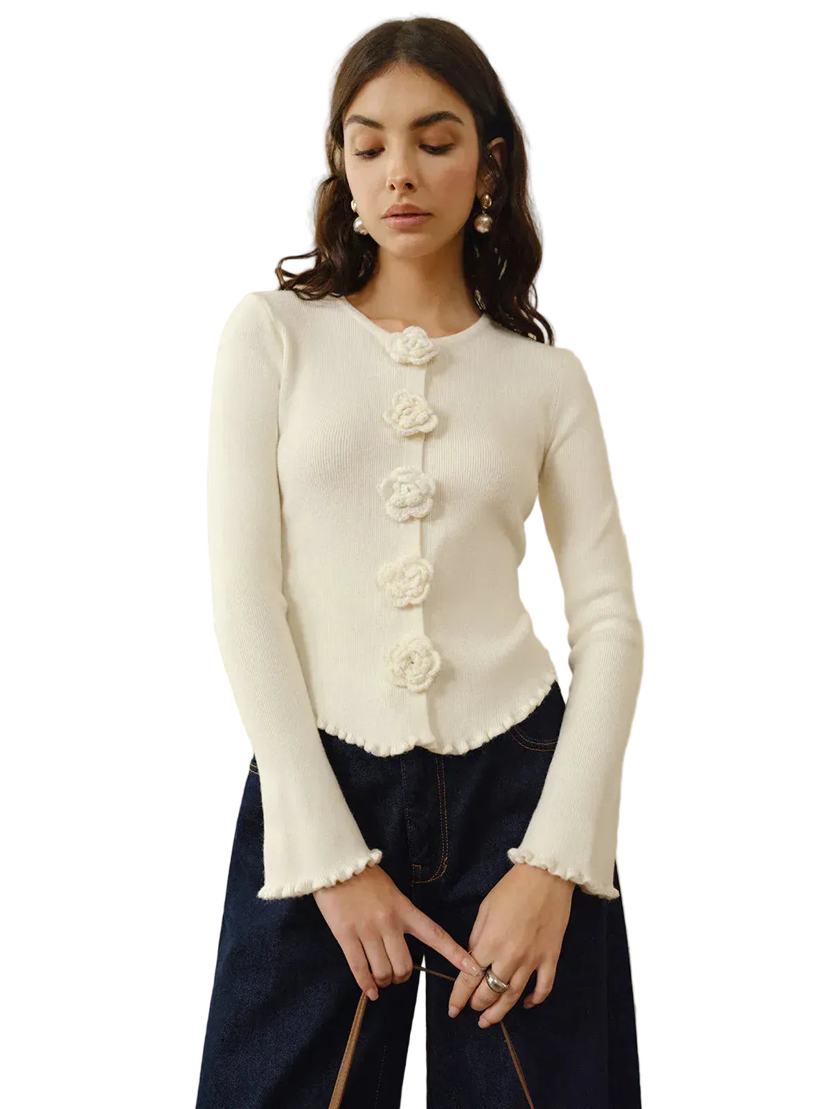 Women’s Long Sleeve Blouse with Round Neck and Textured Buttons