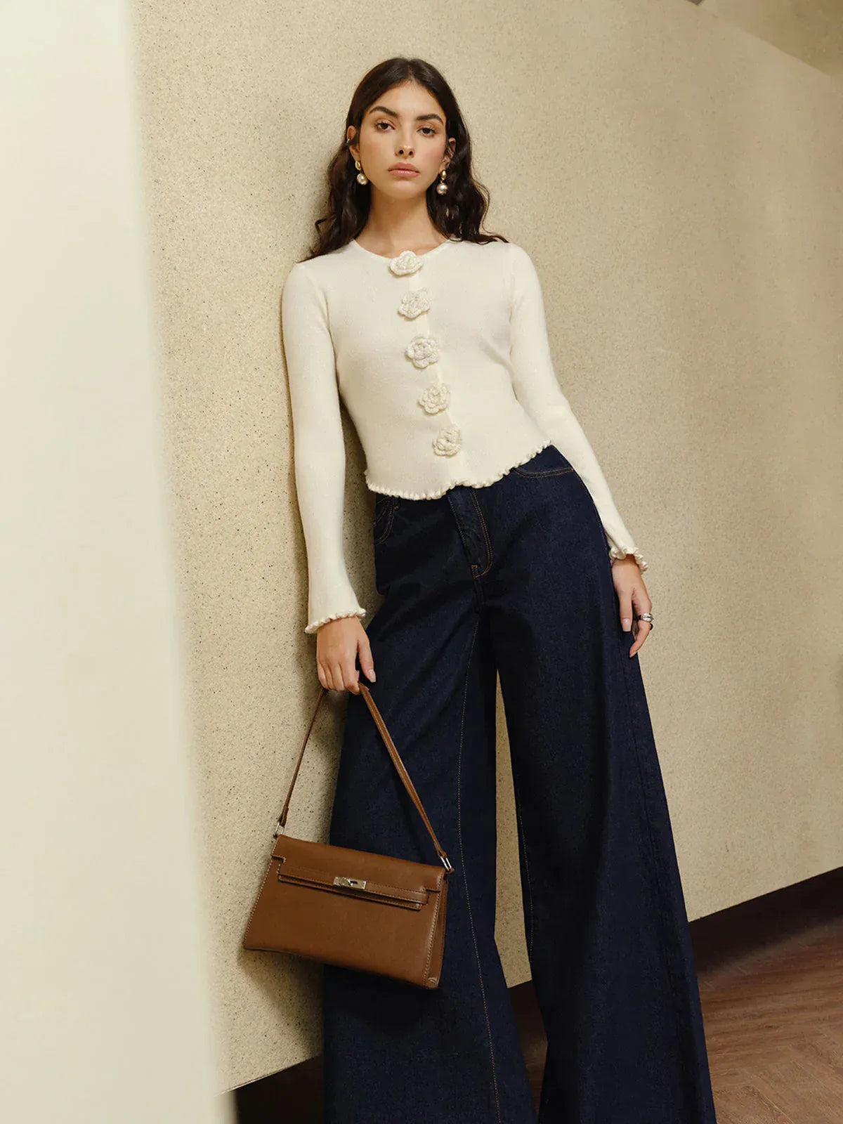 Women’s Long Sleeve Blouse with Round Neck and Textured Buttons