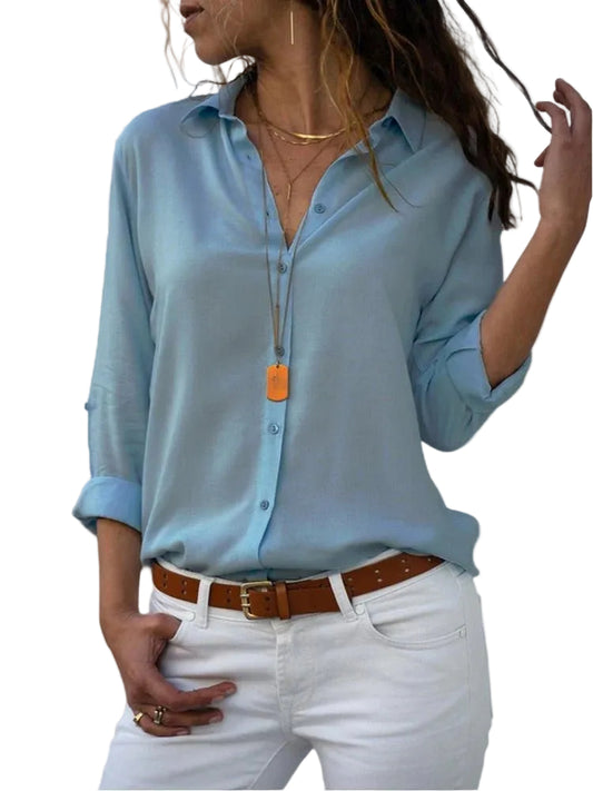 Women’s Long Sleeve Blouse with Turn-Down Collar and Button Front Closure