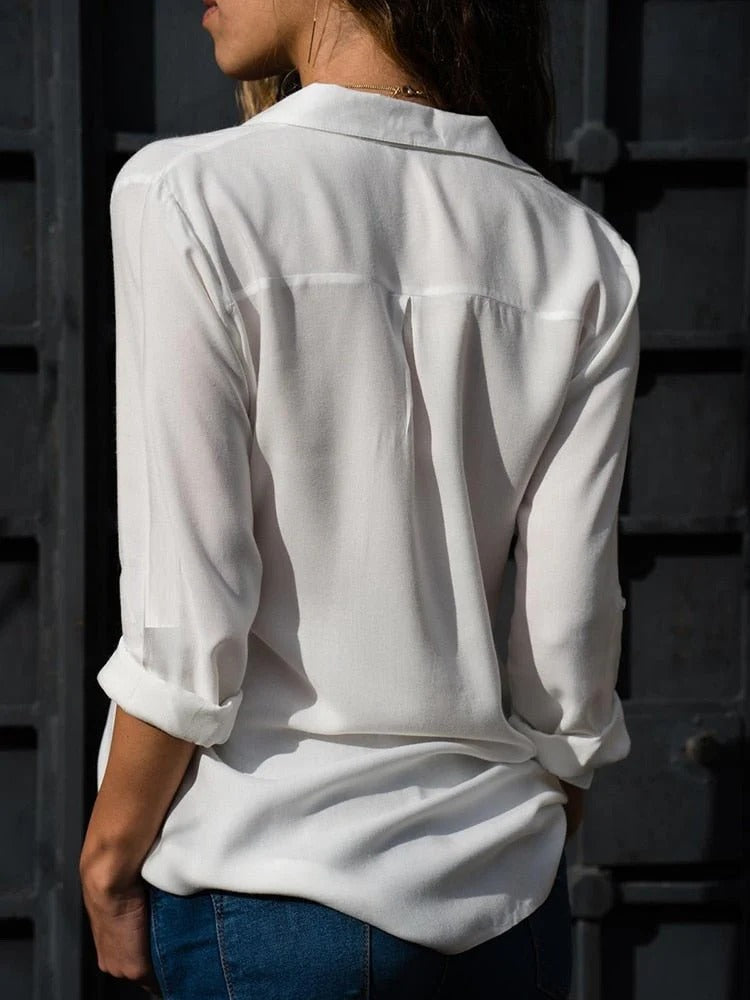 Women’s Long Sleeve Blouse with Turn-Down Collar and Button Front Closure