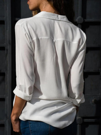 Women’s Long Sleeve Blouse with Turn-Down Collar and Button Front Closure