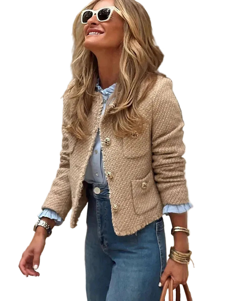 Women’s Long Sleeve Jacket with Button Closure and Front Pockets