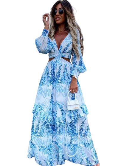 Women’s Long Sleeve Maxi Dress with V-Neckline and Cut-Out Detail