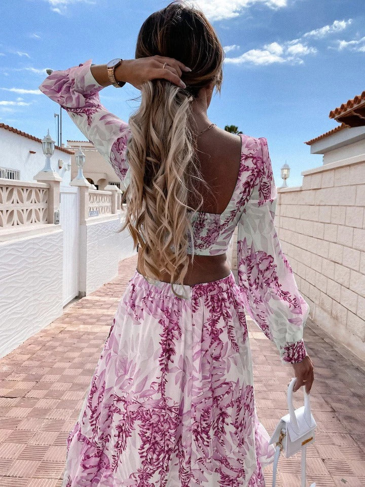 Women’s Long Sleeve Maxi Dress with V-Neckline and Cut-Out Detail