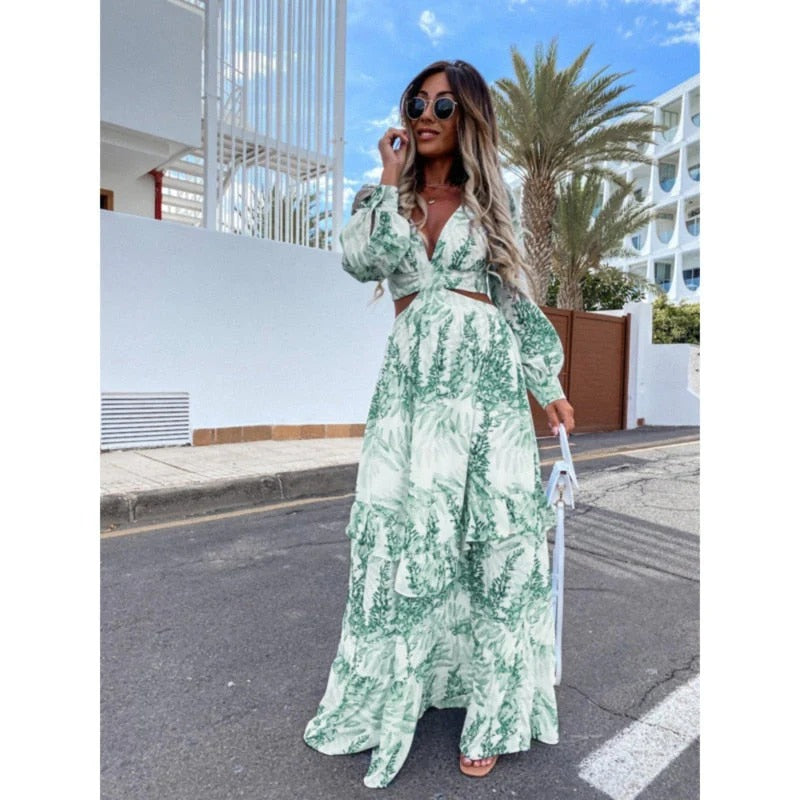 Women’s Long Sleeve Maxi Dress with V-Neckline and Cut-Out Detail
