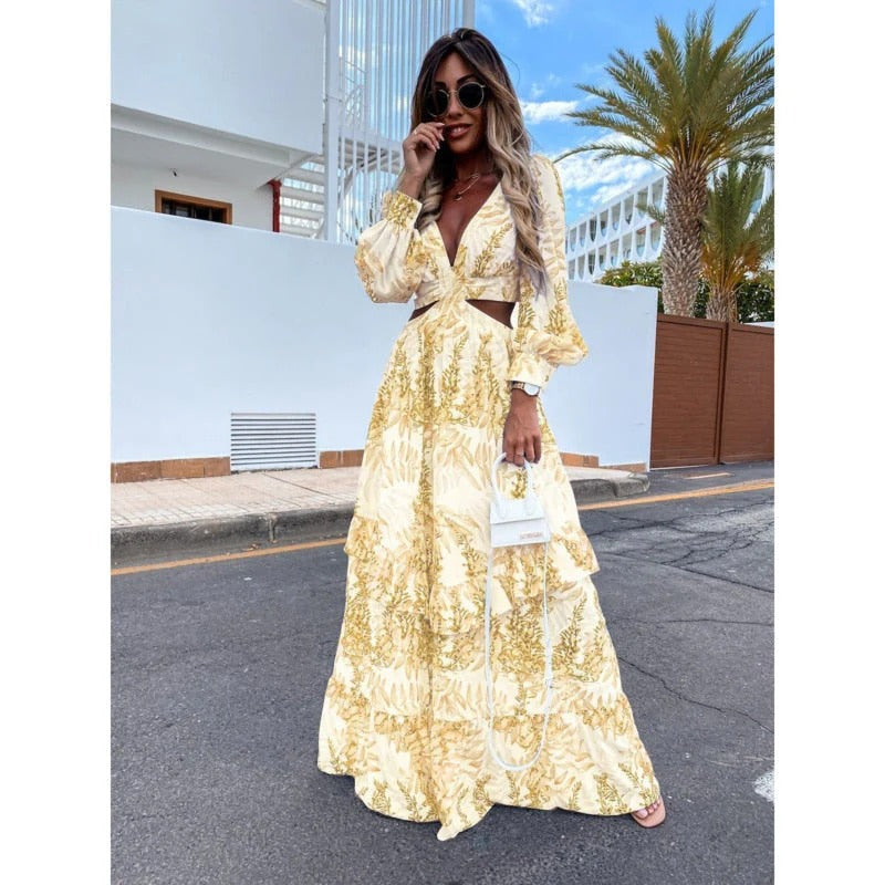 Women’s Long Sleeve Maxi Dress with V-Neckline and Cut-Out Detail