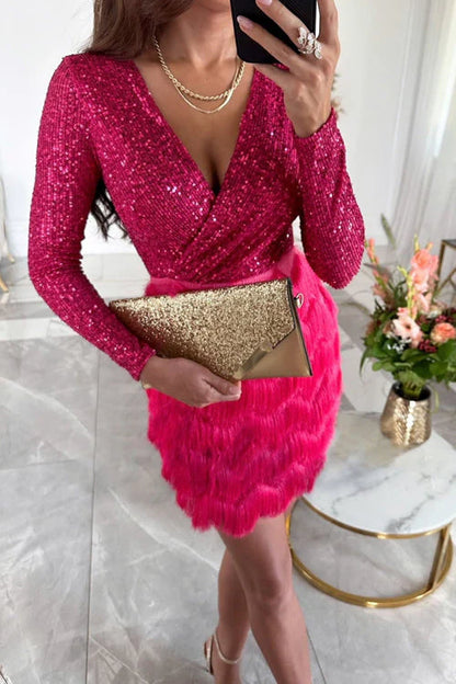 Women’s Long Sleeve Mini Dress with Sequin Top and Fringe Skirt
