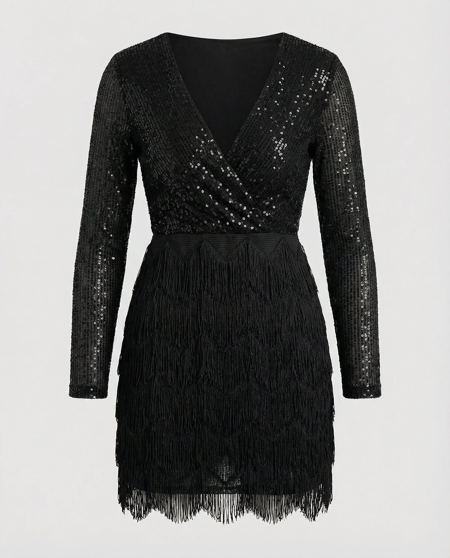 Women’s Long Sleeve Mini Dress with Sequin Top and Fringe Skirt