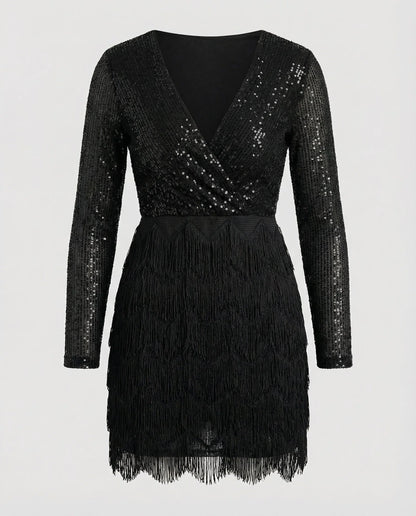 Women’s Long Sleeve Mini Dress with Sequin Top and Fringe Skirt