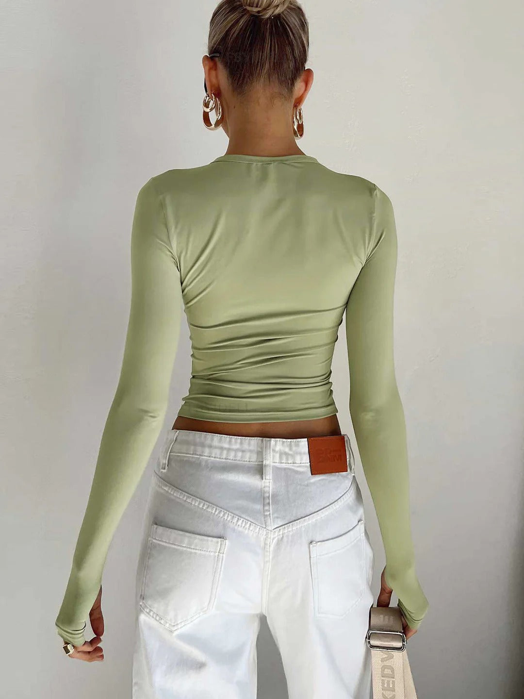 Women’s Long Sleeve Stretch Crop Top with Round Neck