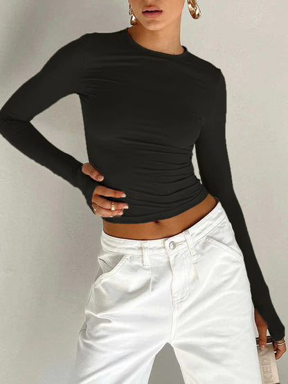 Women’s Long Sleeve Stretch Crop Top with Round Neck