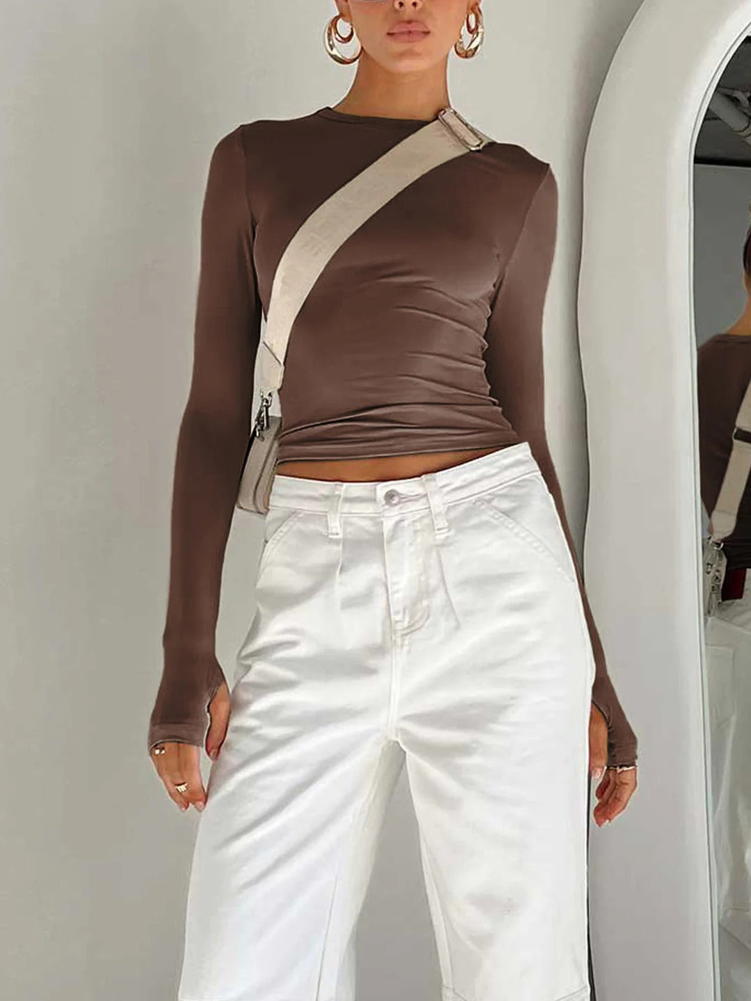 Women’s Long Sleeve Stretch Crop Top with Round Neck